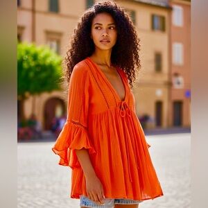 Free People Orange Women's Tunic Blouse Boho Top M